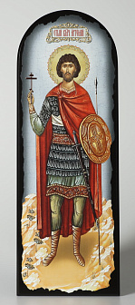 Икона на МДФ 18х50 арочная, объёмная печать, лак Артемий Антиохийский