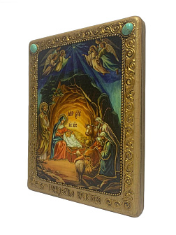 Настольная икона ''Рождество Господа Бога и Спаса нашего Иисуса Христа'' на мореном дубе