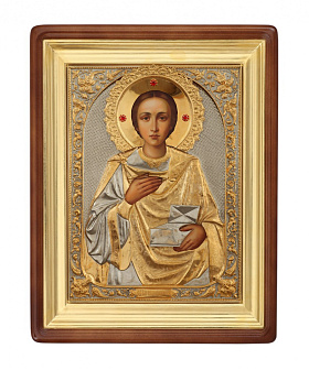 Икона живописная в киоте 50х70 масло, риза №221, камни, киот №1 Пантелеимон