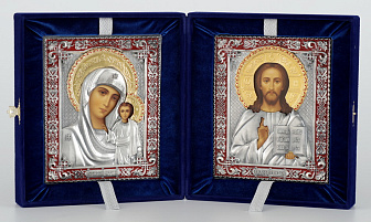 Складни живописные в футляре 18х24 темпера, ризы №241, №242 черненое серебрение, эмаль (бархат)