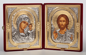 Складень в футляре 18х24 бархат, темпера, объемная риза, золочение, никелирование Спаситель-Казанская БМ