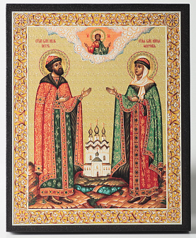 Икона на доске 13х15 объёмная печать, лак Петр и Феврония 6
