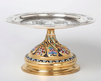 Дискос ручная гравировка / ф280мм / серебро, поддискосник медь / конус 1, 5л №11 / филигрань, роспись, чеканка / золочение / (УИН)