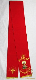 Закладка для служебных книг, с иконой Великомученика Пантелеимона, вышитая, красная + золото, шир. 16 см. + золото, 14,5 см