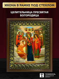 Икона Целительница Божия Матерь с золочением, деревянная рамка с басмой и стеклом 18х21х2,5 см 147 Икона Целительница Божия Матерь с золочением, деревянная рамка с басмой и стеклом 18х21х2,5 см 147