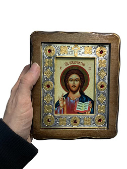 Венчальные иконы Спаситель и Казанская со вставкой металл на дереве под старину Византикос 16х19