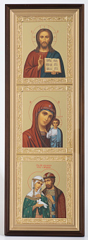 Икона в киоте 20х70 сложный, темпера, рамка золочёная Спаситель 1- Казанская 1- Петр и Феврония 1