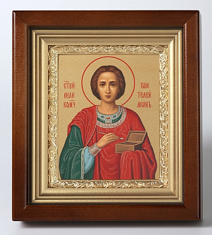 Икона в киоте 11х13 сложный, темпера, рамка золочёная Пантелеимон 1