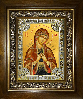 Икона Божия Матерь Семистрельная в деревянном киоте