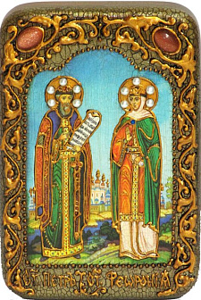 Настольная икона ''Петр и Февронья'' на мореном дубе