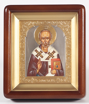 Икона живописная в киоте 11х13 масло, риза открытая, латунь, золочение, киот №2 Николай Чудотворец