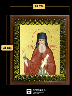 Икона Феодор Санаксарский преподобный с золочением, деревянная рамка с басмой и стеклом 18х21х2,5 см