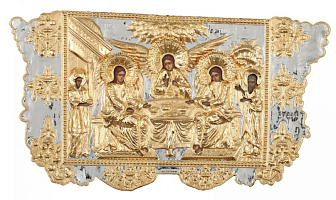 Икона живописная Святой Троицы 35х70, масло, риза №70, золочение