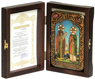 Икона ''Петр и Феврония'' ручной работы в декоративном деревянном футляре