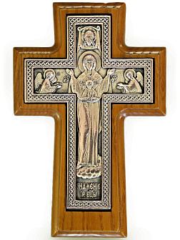 Крест гальванический  настенный ''богородичный'',  плетенка, серебрение, ясень