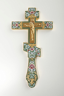 Крест напрестольный филигрань, эмаль, роспись, литьевое распятие / золочение