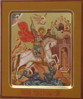 Икона ''Георгий Победоносец на коне'', липовая доска, дубовые шпонки, левкас, сусальное золото, темпера, подарочная упаковка