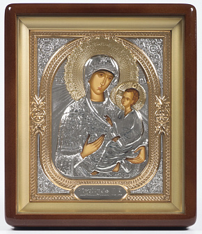 Икона в киоте 18х24 фигурный, темпера, риза объёмная, никель, золочение Тихвинская БМ