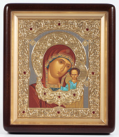 Икона в киоте 18х24 фигурный, темпера, риза объёмная, зол., никелир., с цатой Казанская БМ