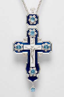 Крест наперсный №106 литьевое распятие, эмаль, гильяш / серебрение