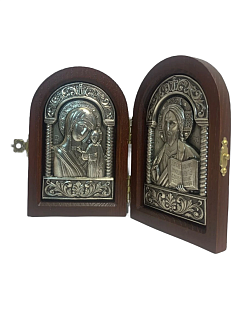 Икона складень Спас Казанская гальваника стразы Swarovski 11х7,5 см