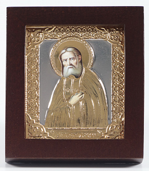 Икона в киоте 6х7 фигурный №2 риза объемная, частично золочёная Серафим Саровский