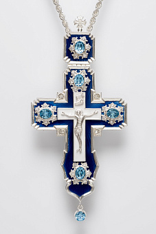 Крест наперсный №106 литьевое распятие, эмаль, гильяш / серебрение