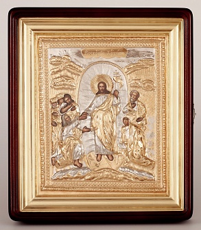 Икона живописная в киоте 24х30 масло, объемная риза №255 золочение, золоченый подрамник Воскресение Христово