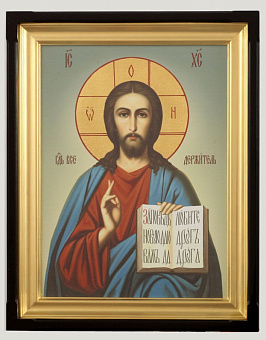 Господь Вседержитель, Икона в киоте 40х50 классический, канвас, нимб и подрамник золочёные