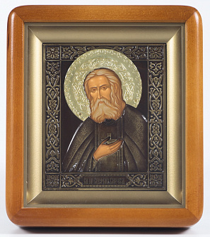 Икона в киоте 11х13 фигурный, темпера, риза патинированая Серафим Саровский