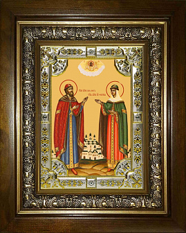 Икона Петр и Феврония святые благоверные князья в деревянном киоте
