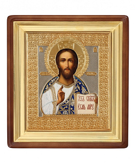 Икона живописная в киоте 24х30 масло, риза №36, жемчуг, киот №1 Спаситель