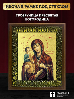Икона Божией Матери Троеручица с золочением, деревянная рамка с басмой и стеклом 18х21х2,5 см 1145