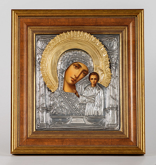 Икона живописная в киоте 24х30 масло, риза №293, черненое серебрение, киот №22 Казанская БМ Икона живописная в киоте 24х30 масло, риза №293, черненое серебрение, киот №22 Казанская БМ
