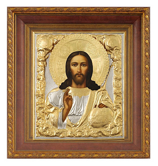 Икона живописная в киоте 24х30 масло, риза № 76, матовое золочение, киот №22 Спаситель