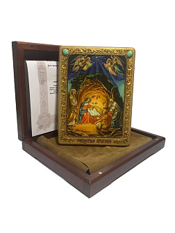 Настольная икона ''Рождество Господа Бога и Спаса нашего Иисуса Христа'' на мореном дубе