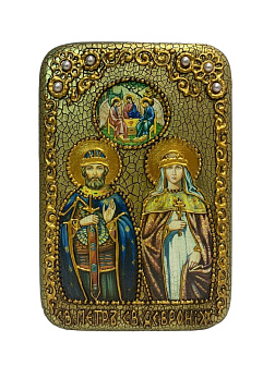 Настольная икона ''Петр и Февронья'' на мореном дубе