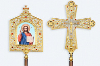 Крест-икона № 48 запрестольная фото на пластике выпиловка гравировка золочение с древками
