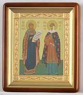 Икона в киоте 18х24 фигурный, темпера, рамка золочёная Петр и Феврония