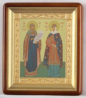 Икона в киоте 18х24 фигурный, темпера, рамка золочёная Петр и Феврония