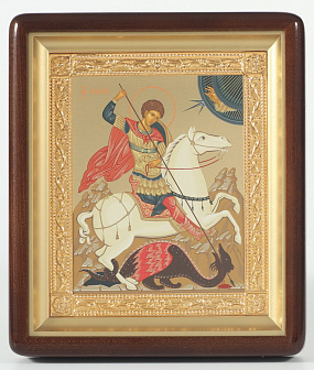 Икона в киоте 18х24 фигурный, темпера №8, рамка золочёная Чудо Георгия о змие