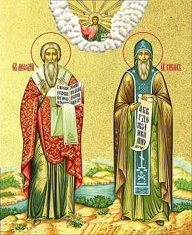 Икона "Кирилл и Мефодий", свв. равноапп., учители словенские, с золочением поталью, 09057-УЛ