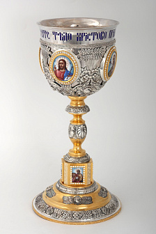 Потир 1.5л 8-финифтей, чеканка, эмаль припильная / квадратная финифть на поддоне / золочение / серебро (УИН)