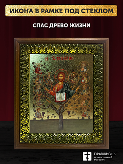 Икона Спас Древо Жизни с золочением, деревянная рамка с басмой и стеклом 18х21х2,5 см