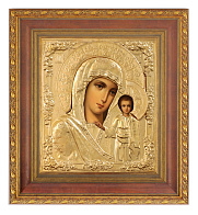 Икона живописная в киоте 24х30 масло, риза № 17, матовое глянцевое золочение, киот №22 Казанская БМ