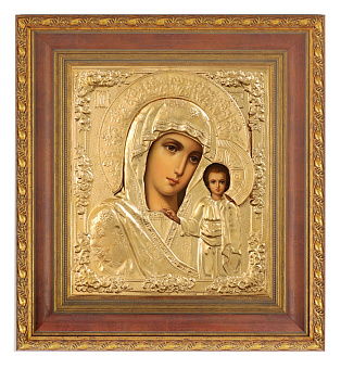 Икона живописная в киоте 24х30 масло, риза № 17, матовое глянцевое золочение, киот №22 Казанская БМ