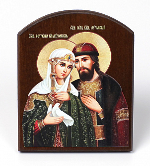 Икона на доске 10х12 объёмная печать, арочная, лак Петр и Феврония