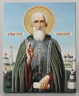 Икона на доске 13х15 объёмная печать, лак Сергий Радонежский 1
