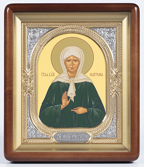 Икона в киоте 18х24 фигурный, темпера, риза-рамка объемная, открытая, золочёная, никелирование Матрона