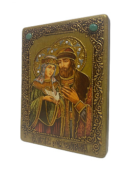 Настольная икона ''Петр и Февронья'' на мореном дубе